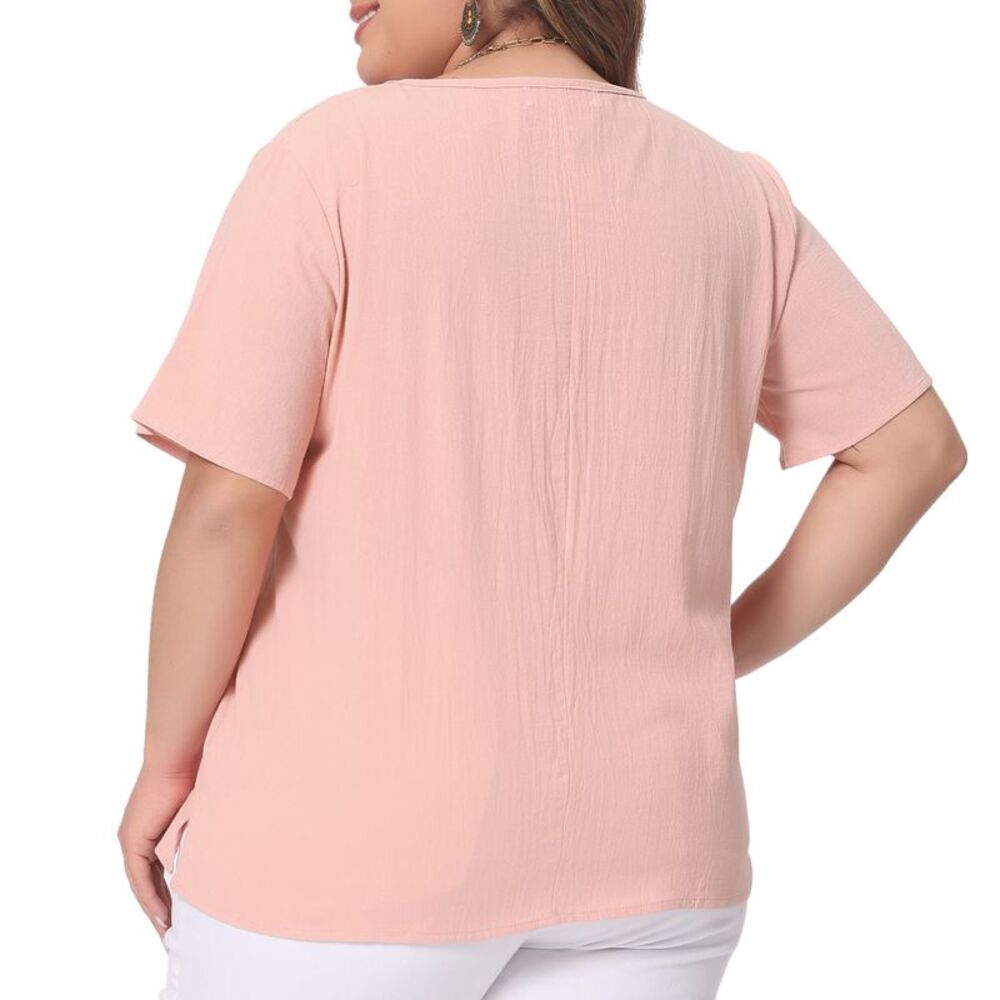 Plus Size Top Short Sleeve Round Neck Cotton Linen Top T Shirt Pink - Picture 3 of 7